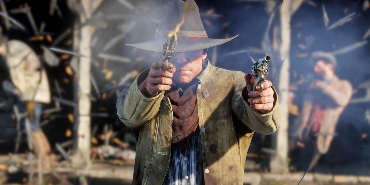 Arthur Morgan from Red Dead Redemption 2 aiming and firing a revolver in each hand, with the brim of his hat obscuring his eyes.