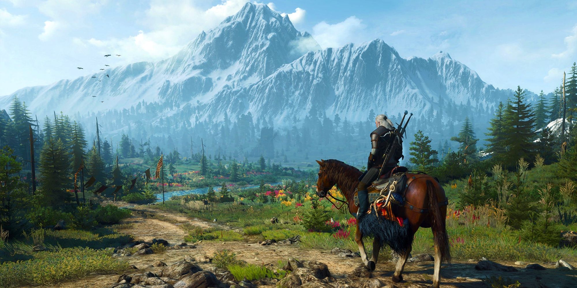 Image of Geralt riding his horse Roach along a path with a scenic mountain view in the background.