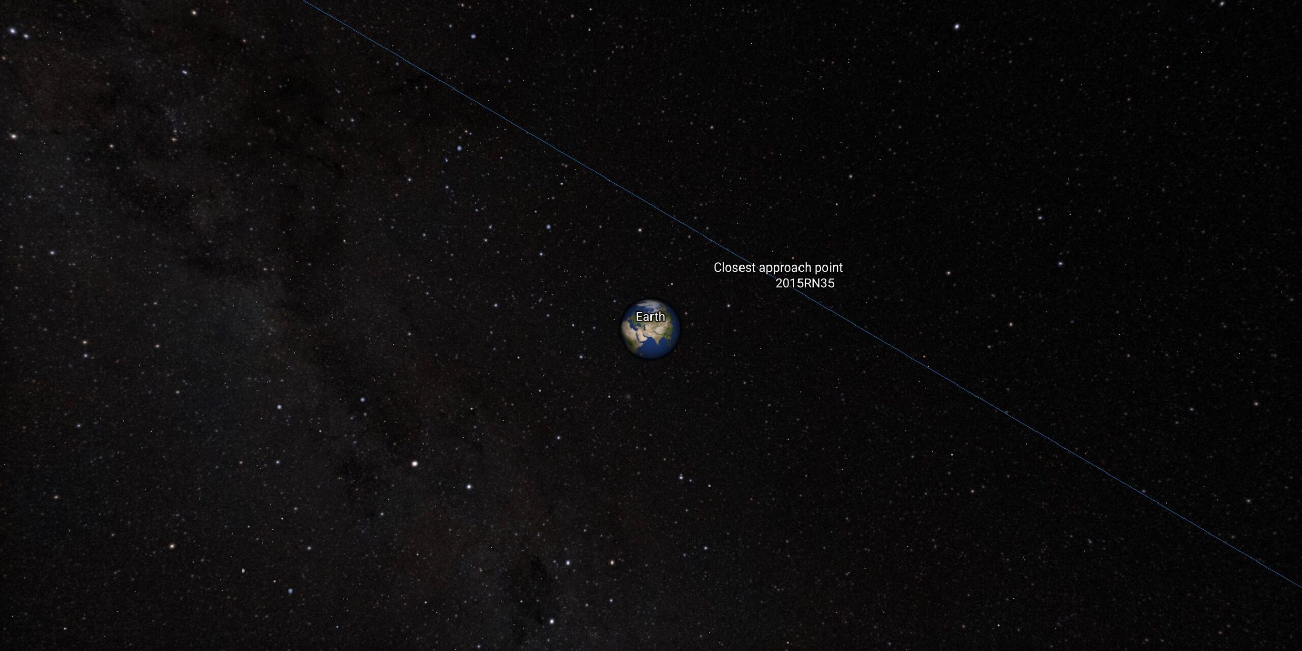 A visual simulation of asteroid 2015RN35's flyby, showing its path in space marked in blue beside a graphic of Earth, with the words