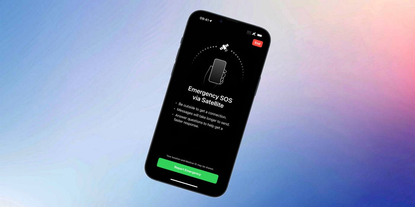 Emergency SOS Via Satellite screenshot on custom gradient background