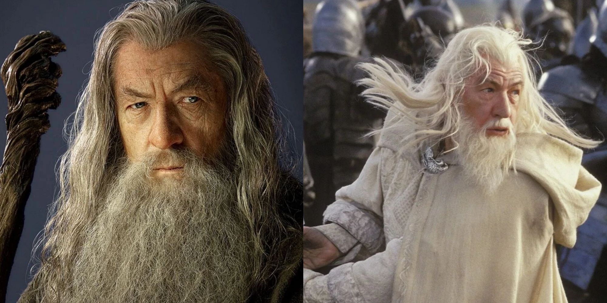 A split image of Gandalf the Grey on the left and Gandalf the White on the right from Lord of the Rings.