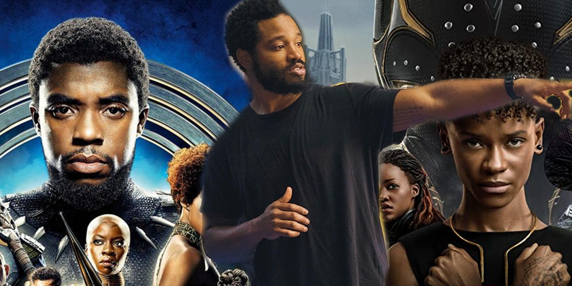 Ryan Coogler with Black Panther and Black Panther: Wakanda Forever posters