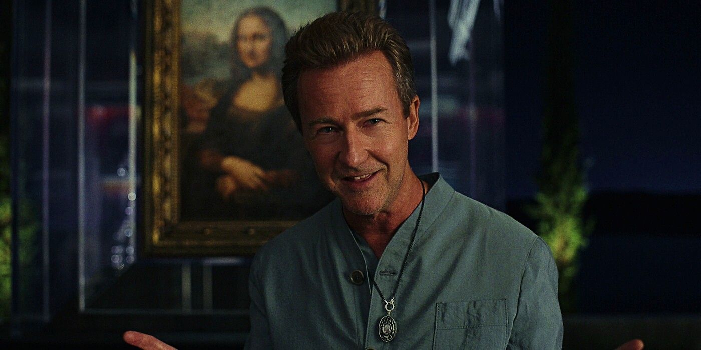 Edward Norton as Miles Bron with the Mona Lisa in Glass Onion