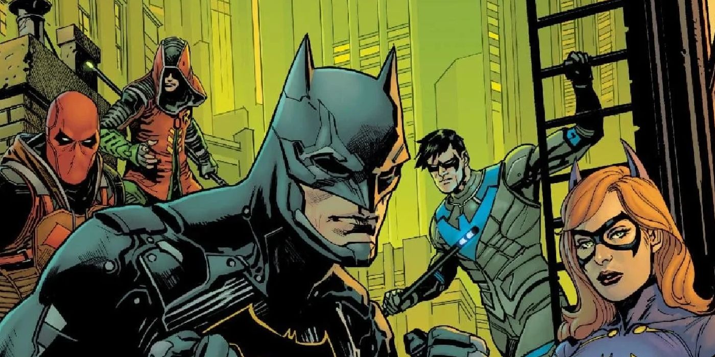 Cover for Gotham Knights: Gilded City #1. From left to right, the image features Red Hood, Robin, Batman, Nightwing, and Batgirl against a toxic green backdrop of Gotham City.