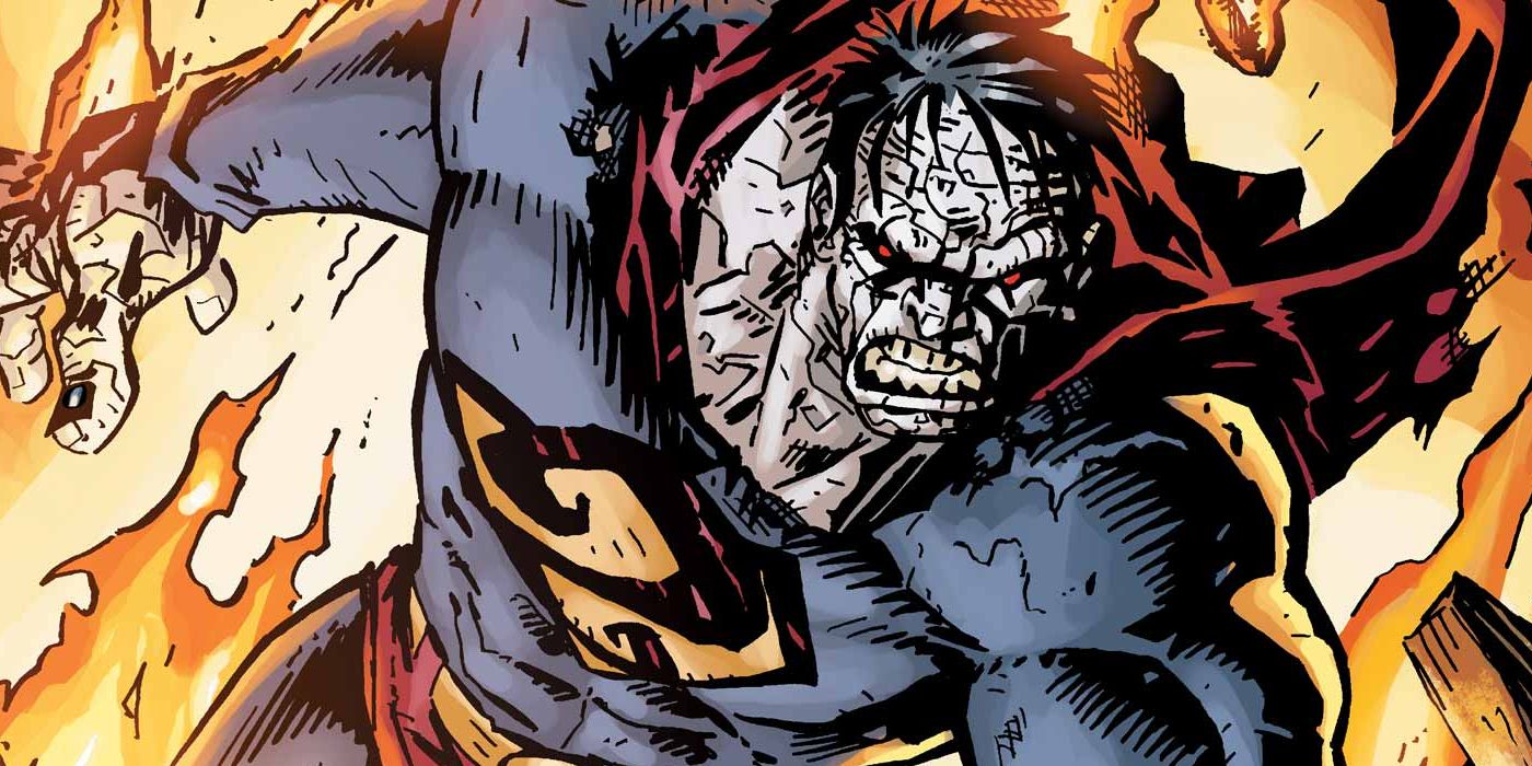 Bizarro, the craggy, white-skinned opposite doppelganger of Superman, angrily pushing through a wall of flames.