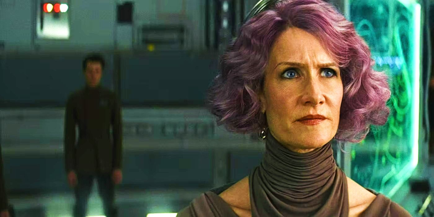 Laura Dern as Vice-Admiral Amilyn Holdo standing solemnly in Star Wars The Last Jedi