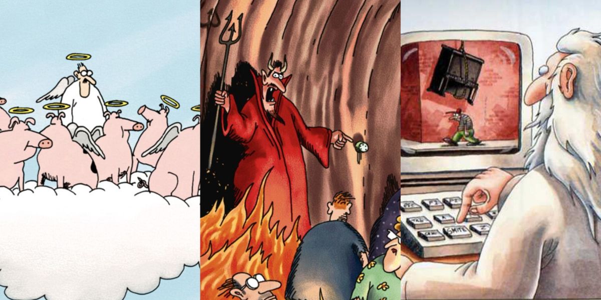 heaven and hell far side comics split image