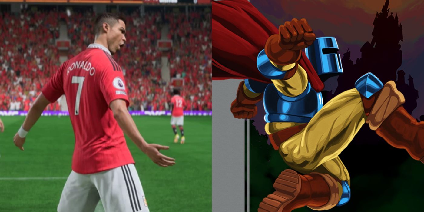 Split image showing scenes from FIFA23 and Jump King