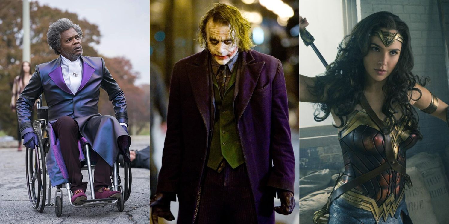 Split Image of Mrs. Glass from Unbreakable, Joker from The Dark Knight, and Wonder Woman from Wonder Woman
