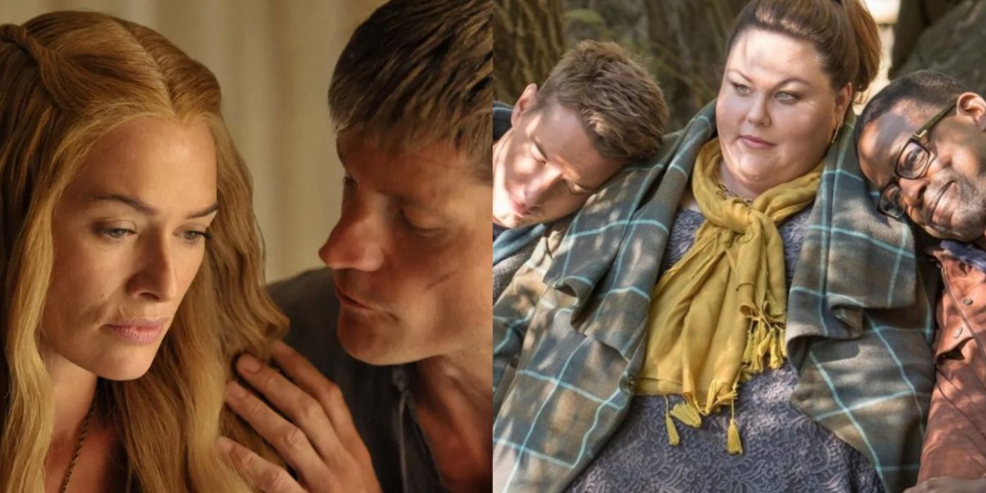 Jaime touching Cersei's shoulder in Game of Thrones alongside an image of Kevin and Randall resting their heads on Kate's shoulders in This is Us. 