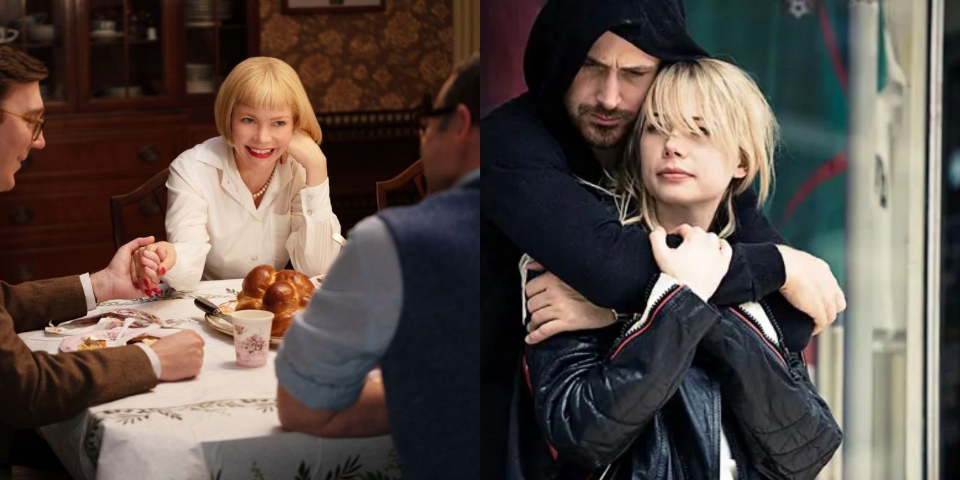 Split image of Michelle Williams in The Fabelmans and with Ryan Gosling in Blue Valentine