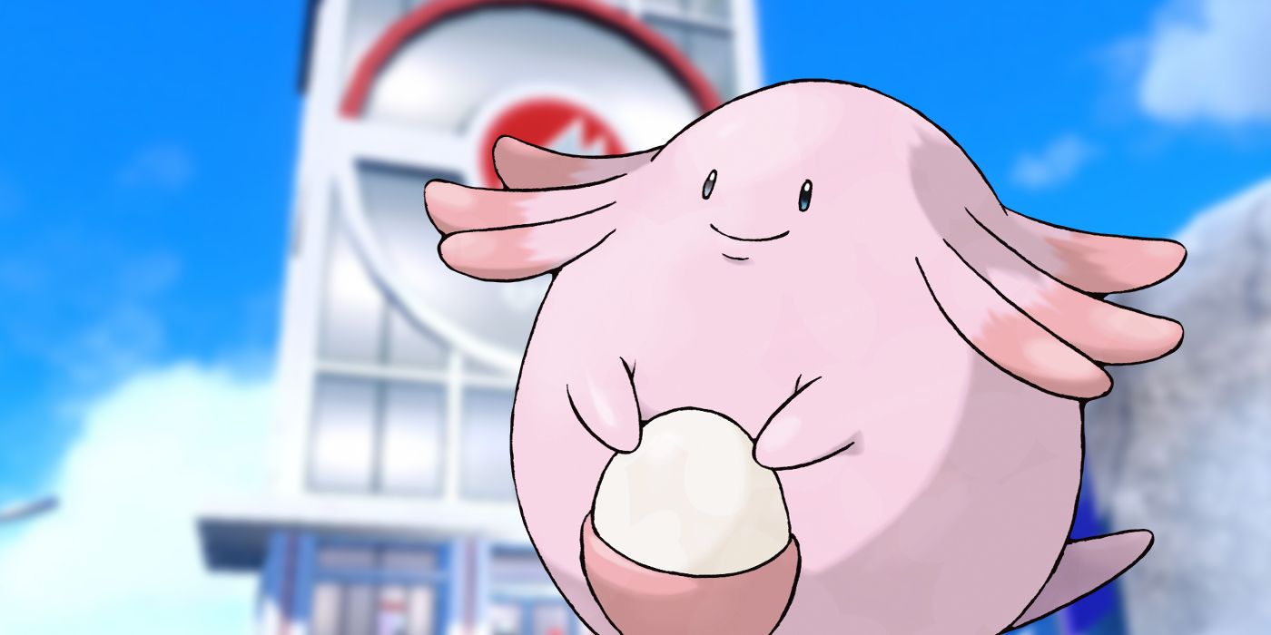 Chansey in front of a Pokémon Scarlet and Violet gym.