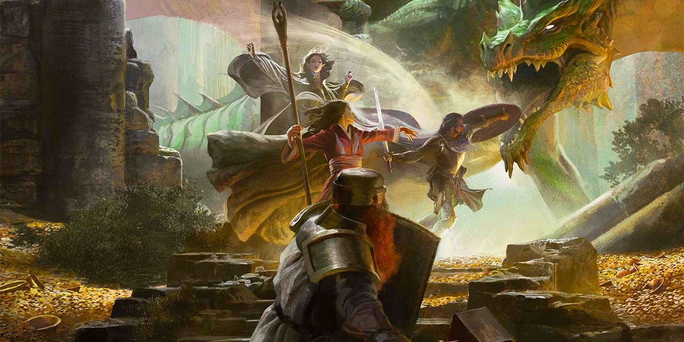 Four Dungeons and Dragons adventurers enter a gold-filled cave and fend off a green dragon.