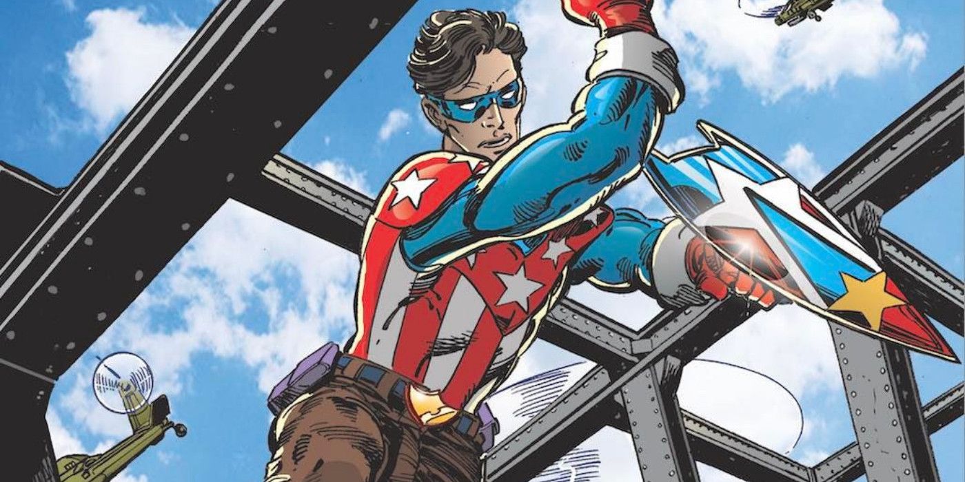 A star-spangled hero with a shield evades helicopters