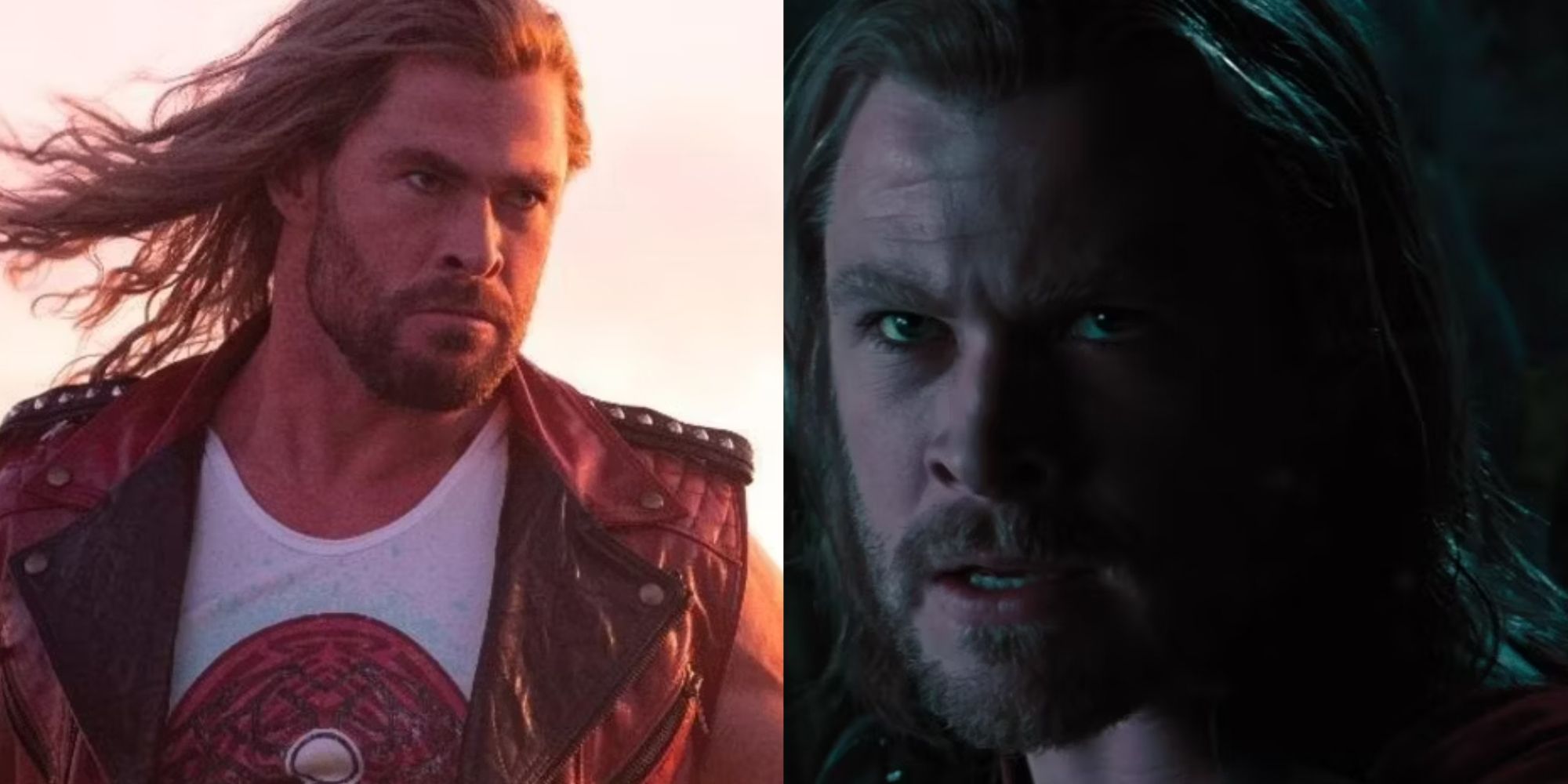 Split image of Thor looking angry in Thor: Love and Thunder and Thor (2011)