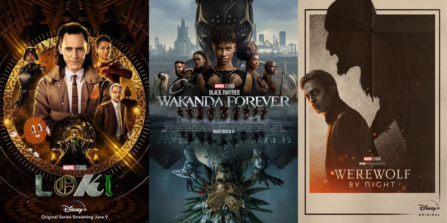 Split Image of Loki, Black Panther: Wakanda Forever, and Werewolf By Night Posters