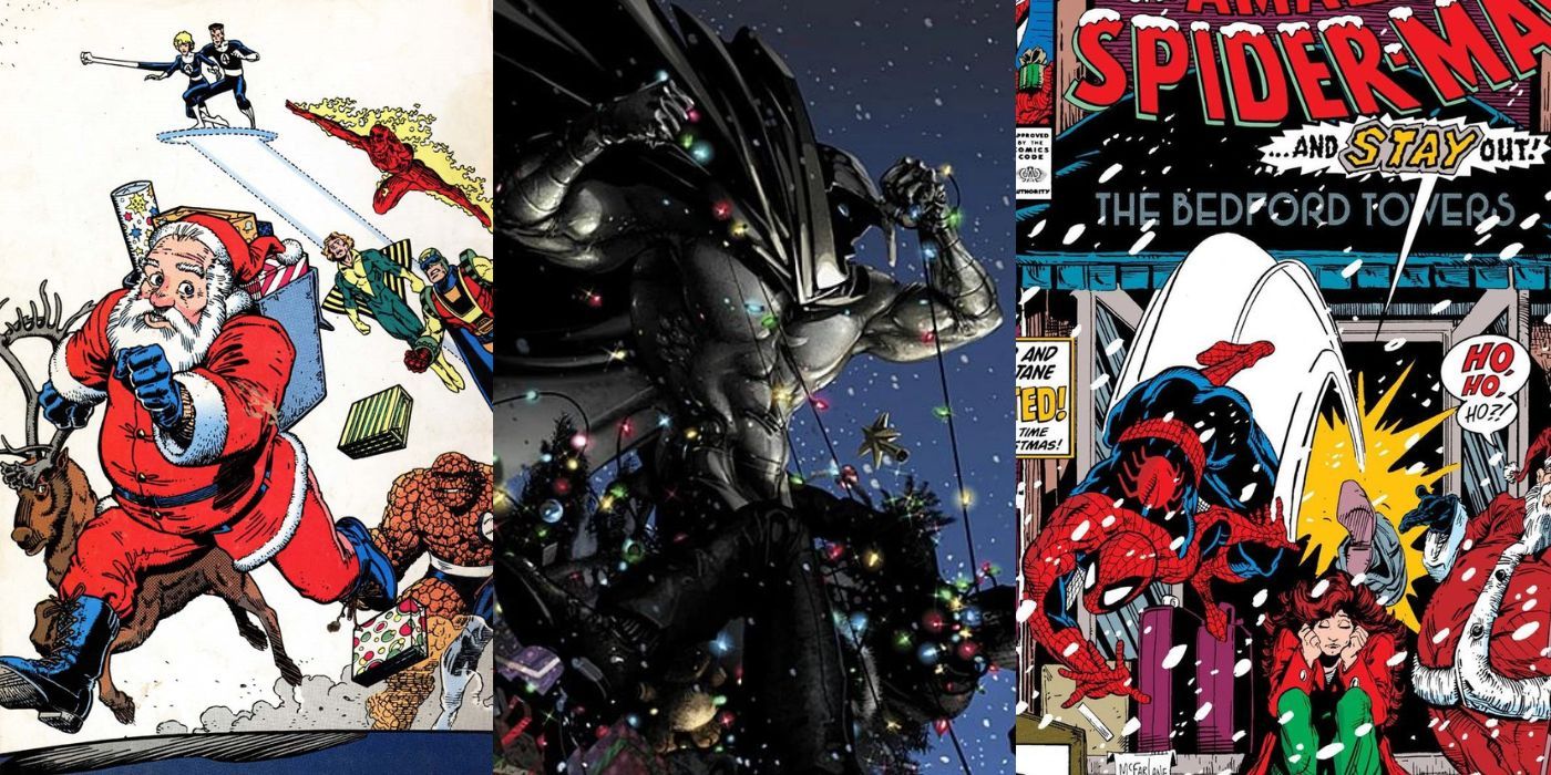 Split images of Marvel Christmas comic book covers