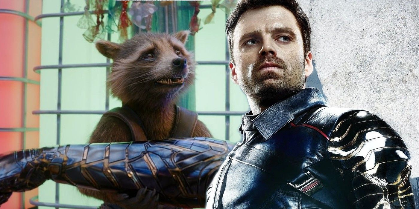 Bucky Barnes in front of Rocket, who is holding Bucky's arm.
