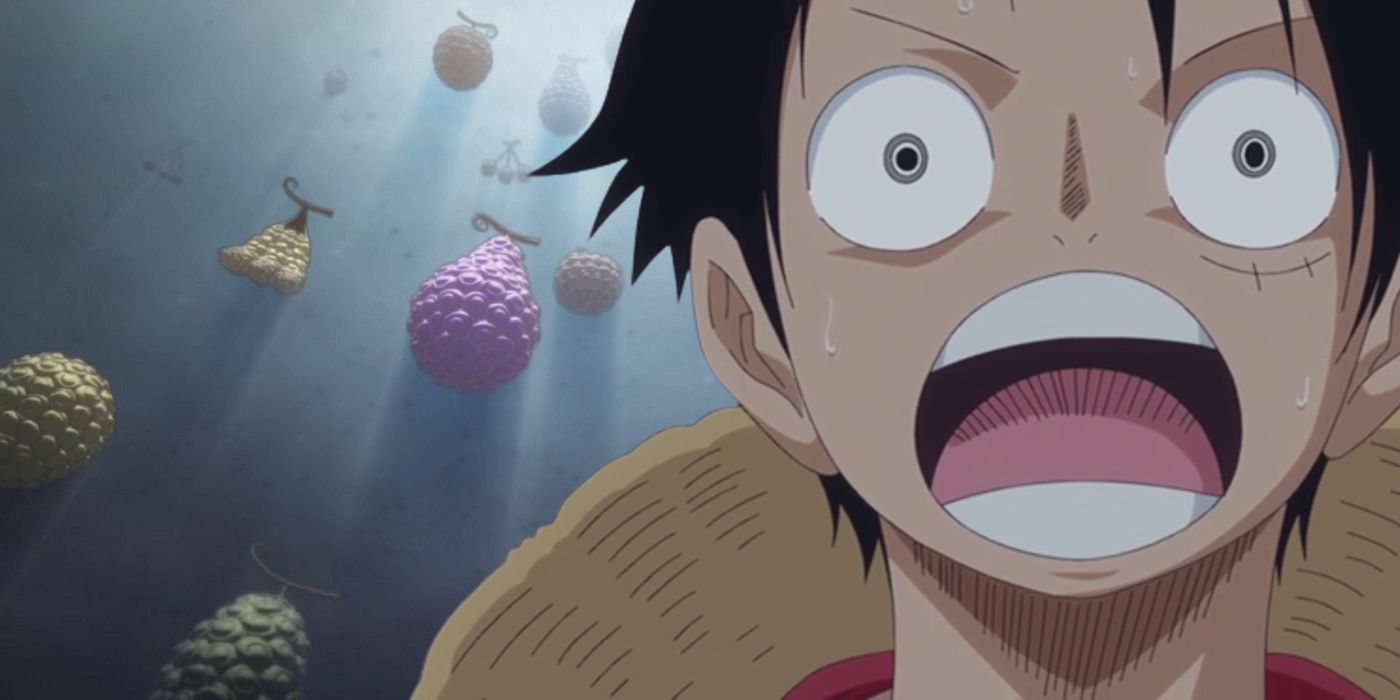 Luffy shocked with Devil Fruits in the background.