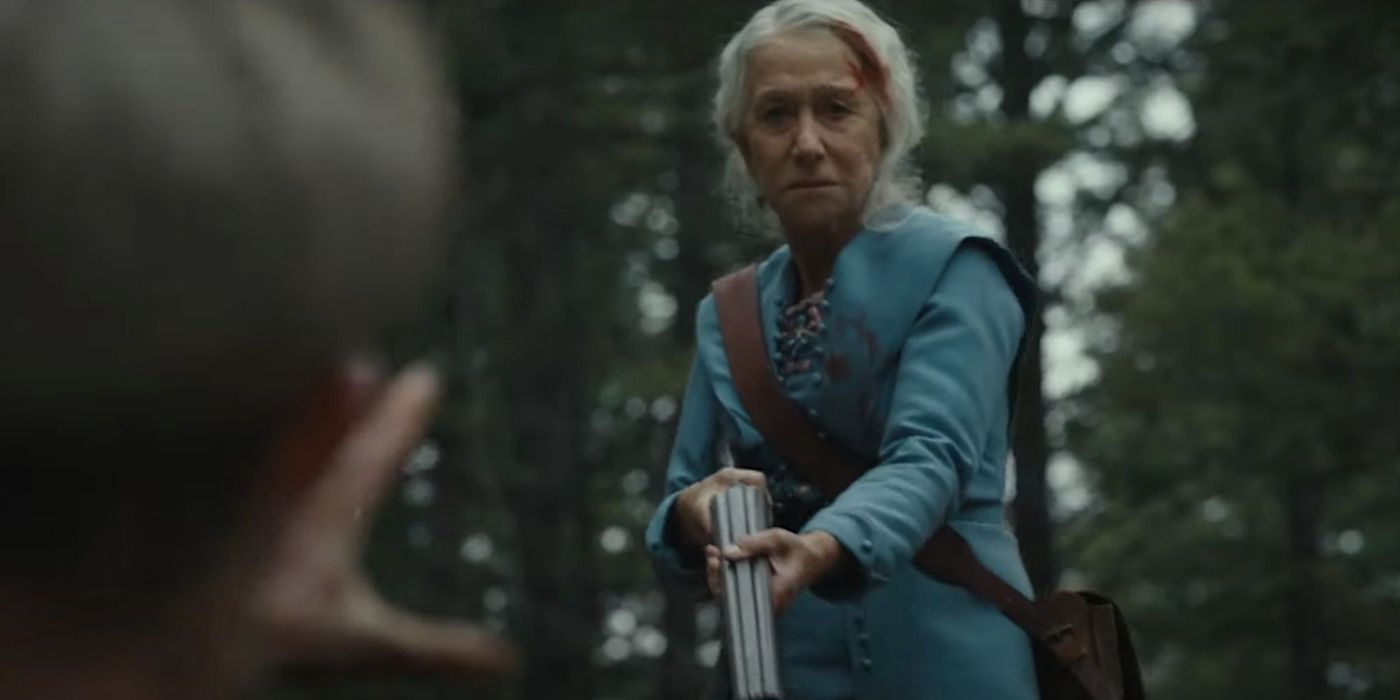 Hellen Mirren brandishing a shotgun in 1923