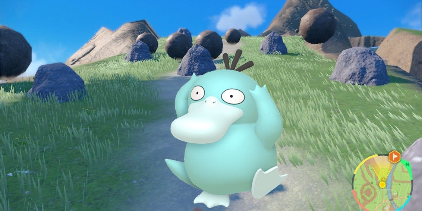 A Shiny Psyduck sprite superimposed on Pokémon Scarlet and Violet's West Province.