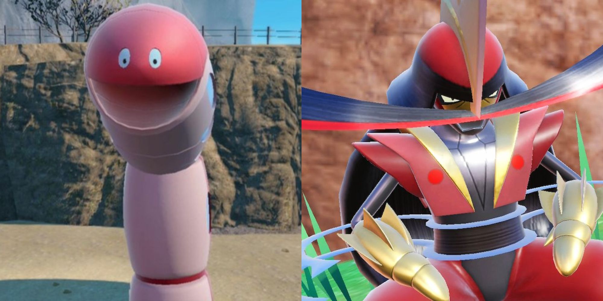 Split image showing Orthworm and Kingambit in Pokémon Scarlet and Violet.