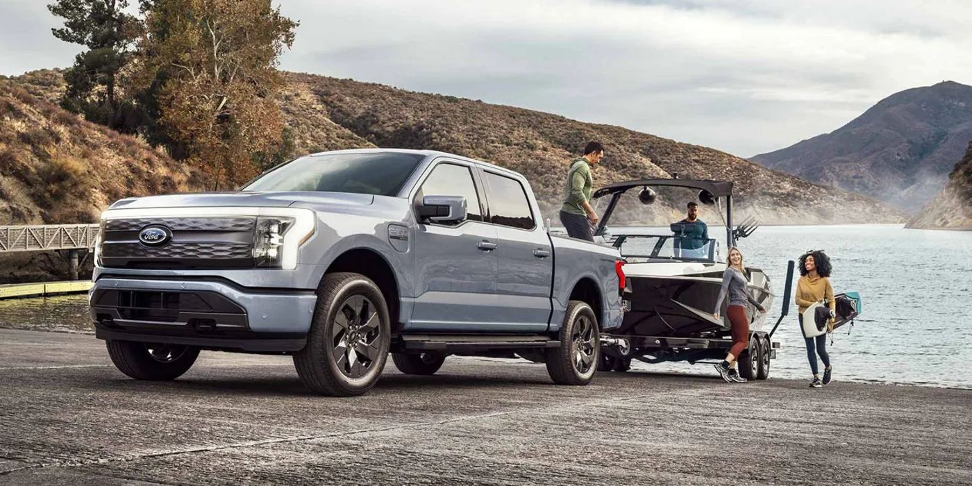 The Ford F-150 Lightning towing a speedboat
