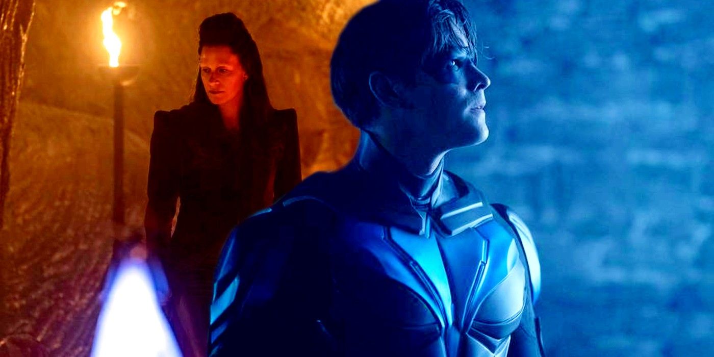Franka Potente as Mother Mayhem and Brenton Thwaites as Dick Grayson Nightwing in Titans