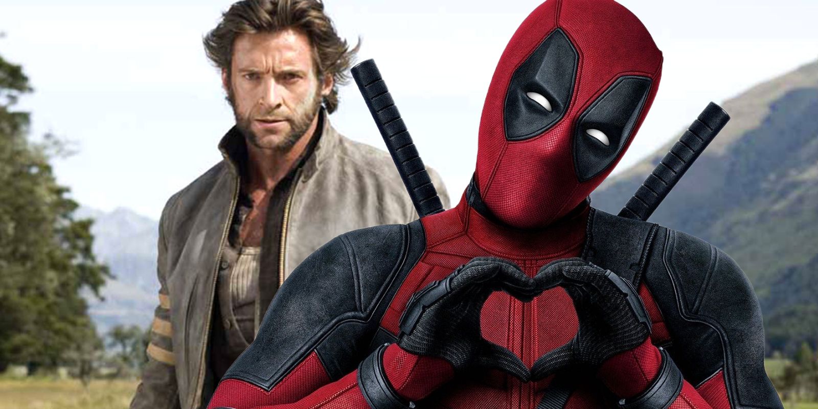 Blended image of Deadpool forming a heart and Wolverine seriously posed in X-Men Wolverine Origins