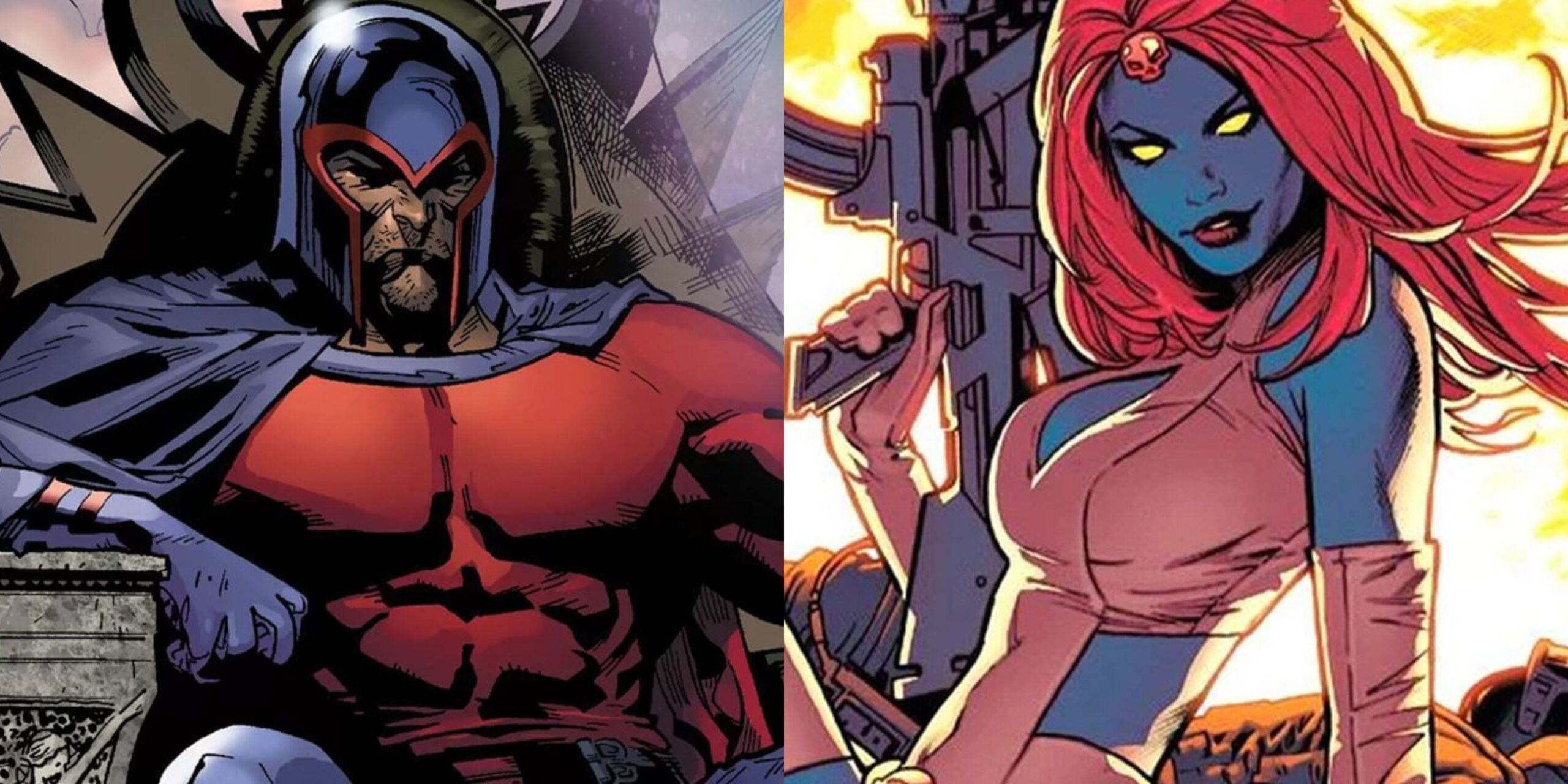Featured image X Men villains Magneto sitting in a throne and Mystique posing with a gun