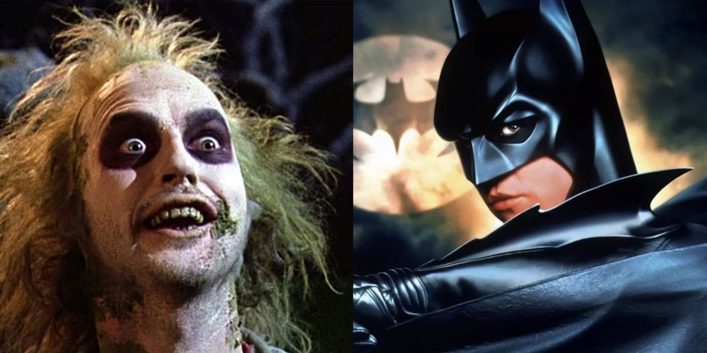 A split screen of Beetlejuice and Batman