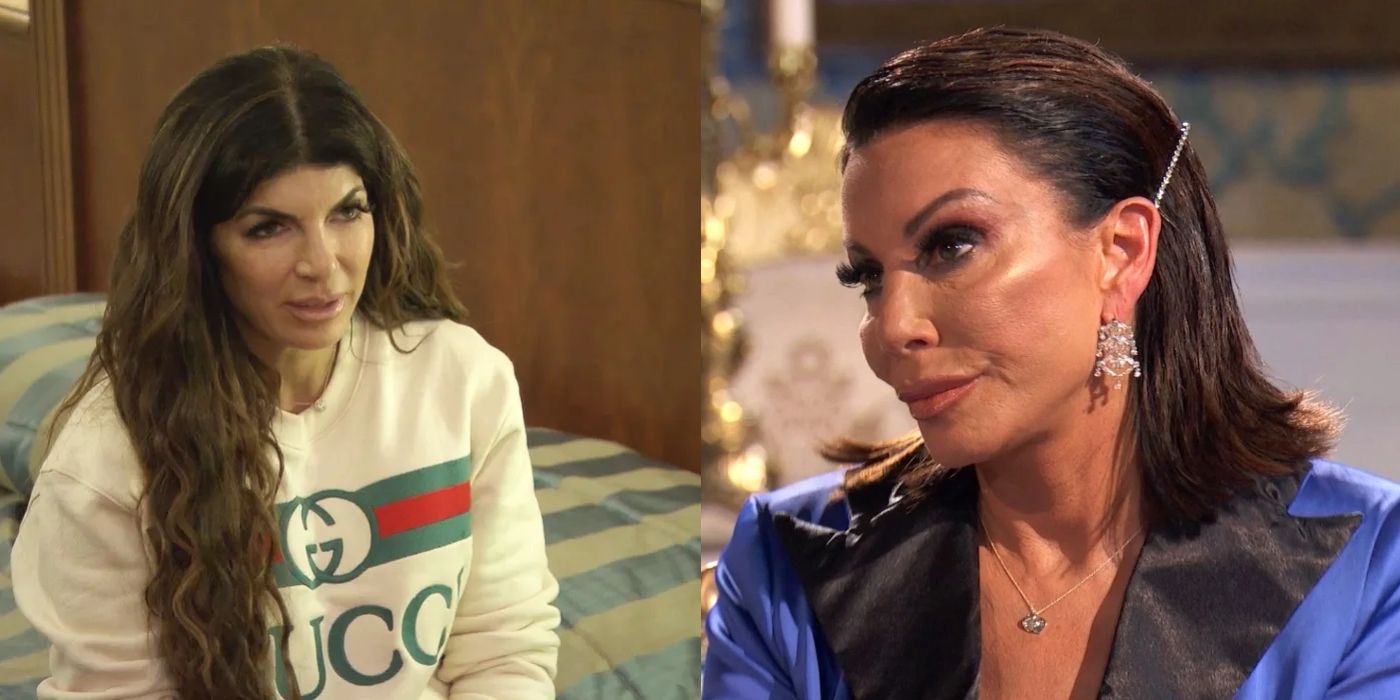 Split image of Teresa Giudice and Danielle Staub looking serious on RHONJ