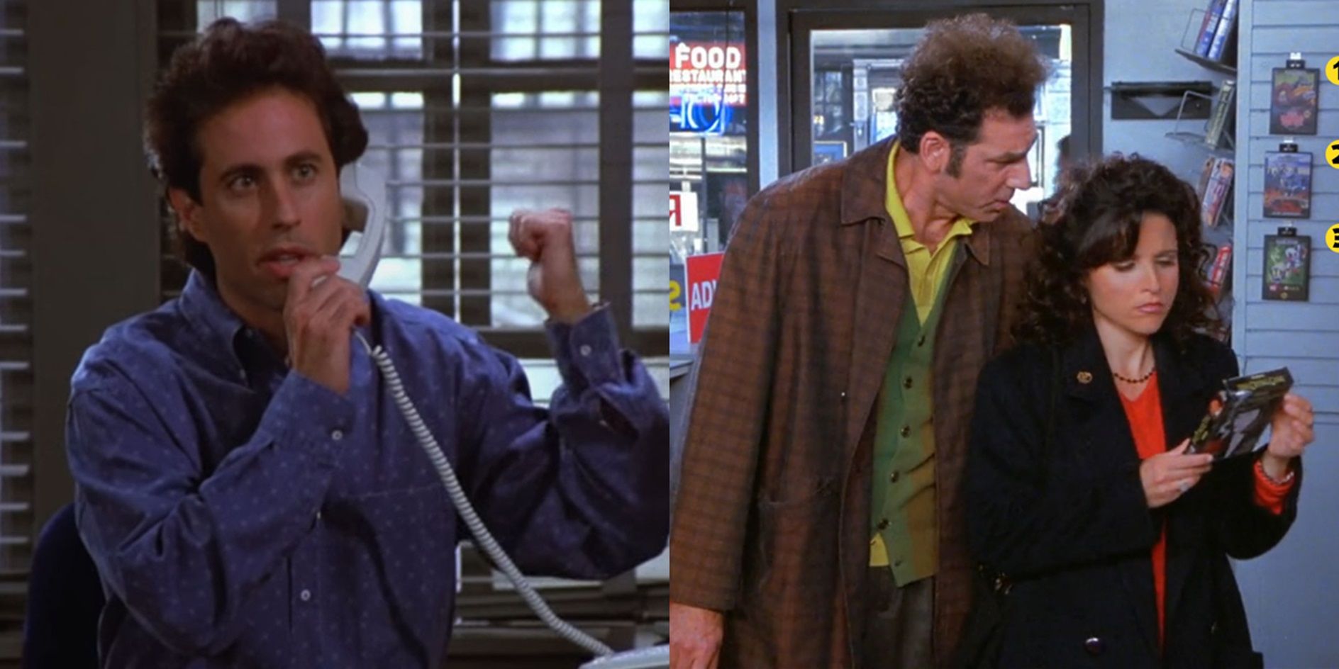 Split image of Jerry on the phone and Kramer and Elaine at a video store in Seinfeld