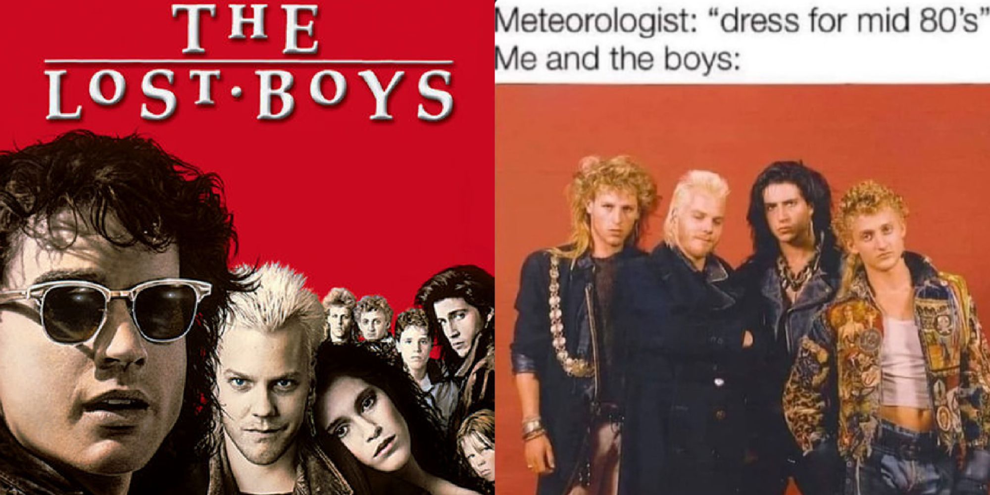 Split image of The Lost Boys poster and David with the gang meme
