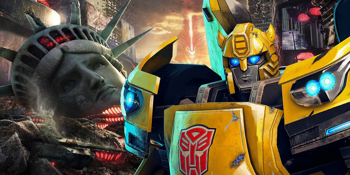 Promotional art for Transformers: Reactivate showing the toppled head of the Statue of Liberty, with art of Bumblebee pasted to the side.