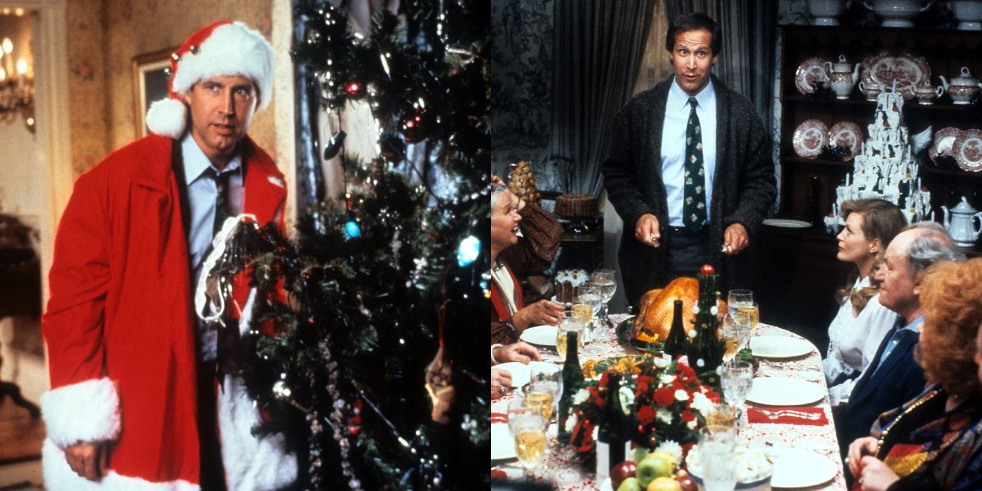 Split image of Chevy Chase in National Lampoon's Christmas Vacation