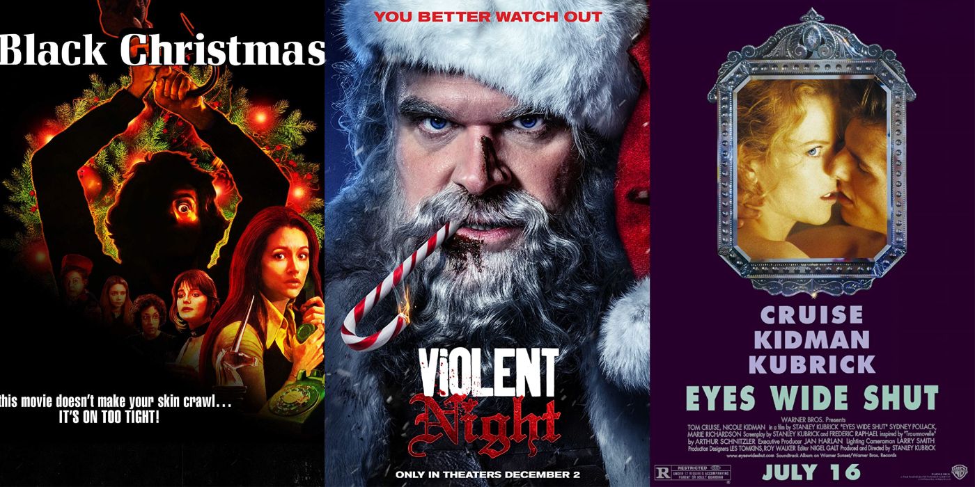 Movie posters for BLACK CHRISTMAS, Violent Night, and Eyes Wide Shut.