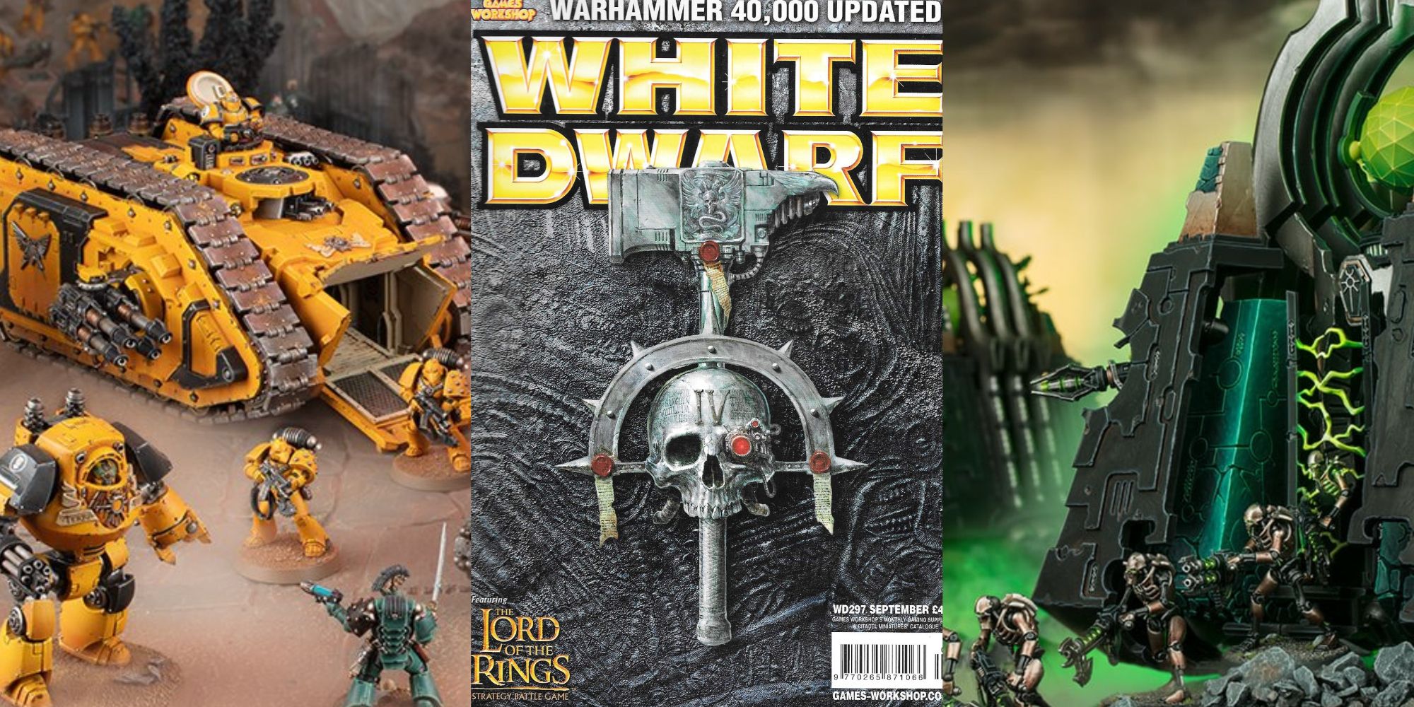 Split image of Warhammer 40k gameplay and White Dward magazine feature