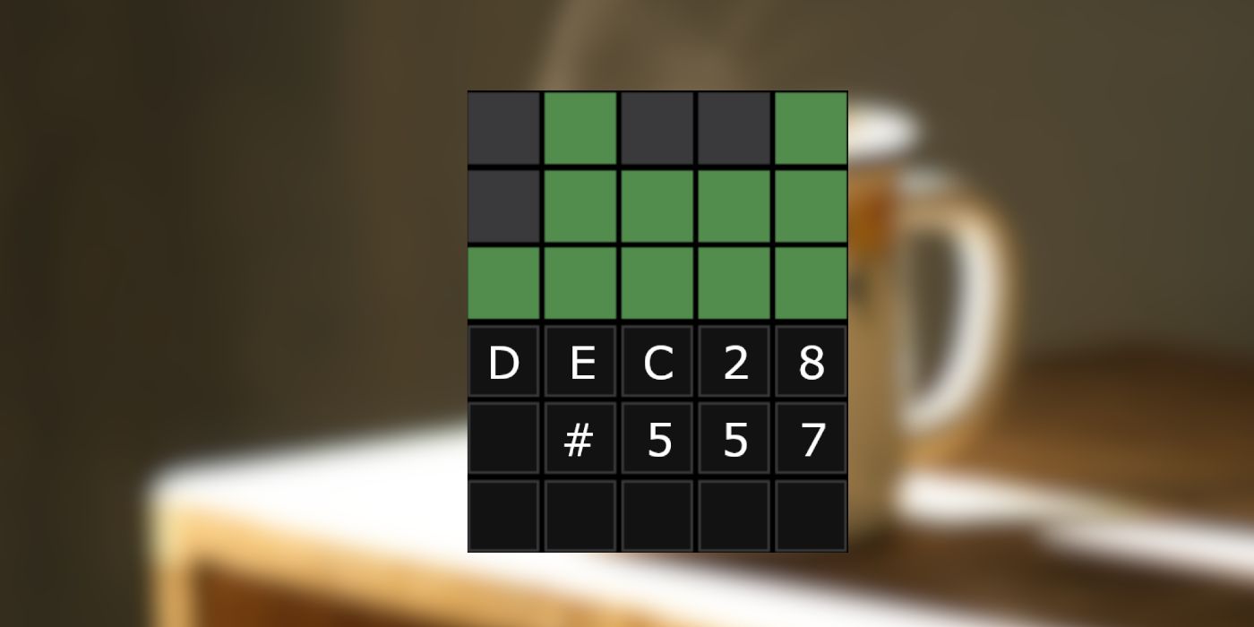 December 28th's Wordle grid with a coffee in the background
