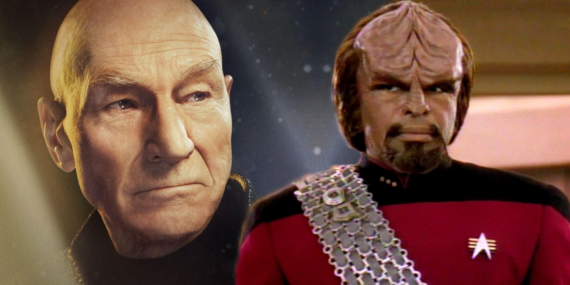 Patrick Stewart as Jean Luc Picard and Michael Dorn as Worf