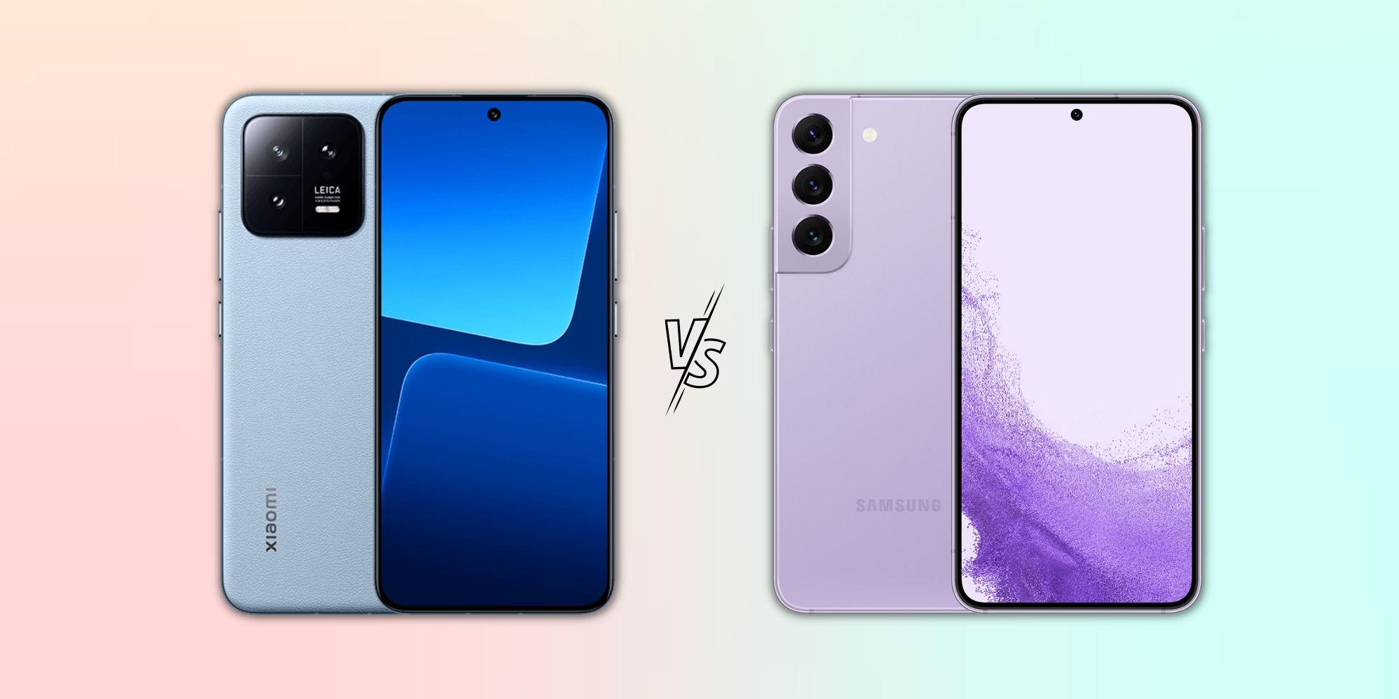 Xiaomi 13 in blue color with Samsung Galaxy S22 in Bora purple on a colorful background with a versus sign in between