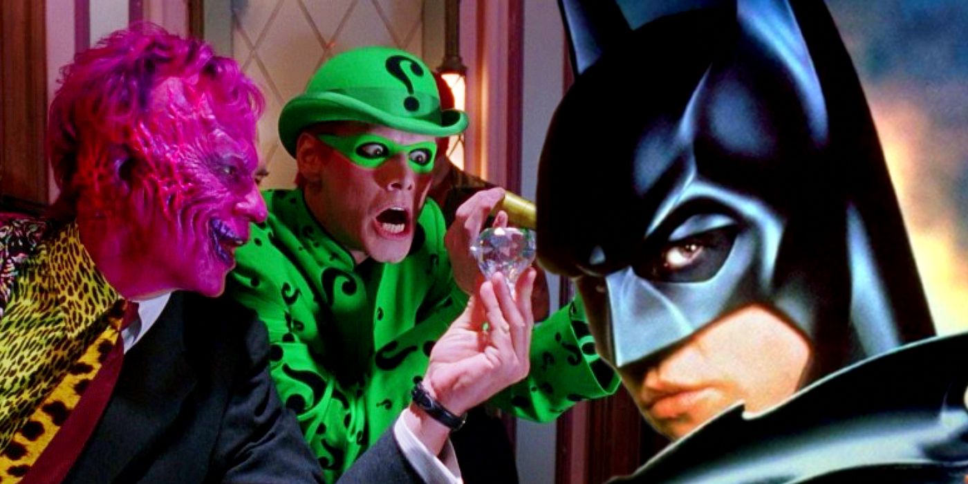 Tommy Lee Jones as Two-Face, Jim Carrey as Riddler, and Val Kilmer as Batman in Batman Returns