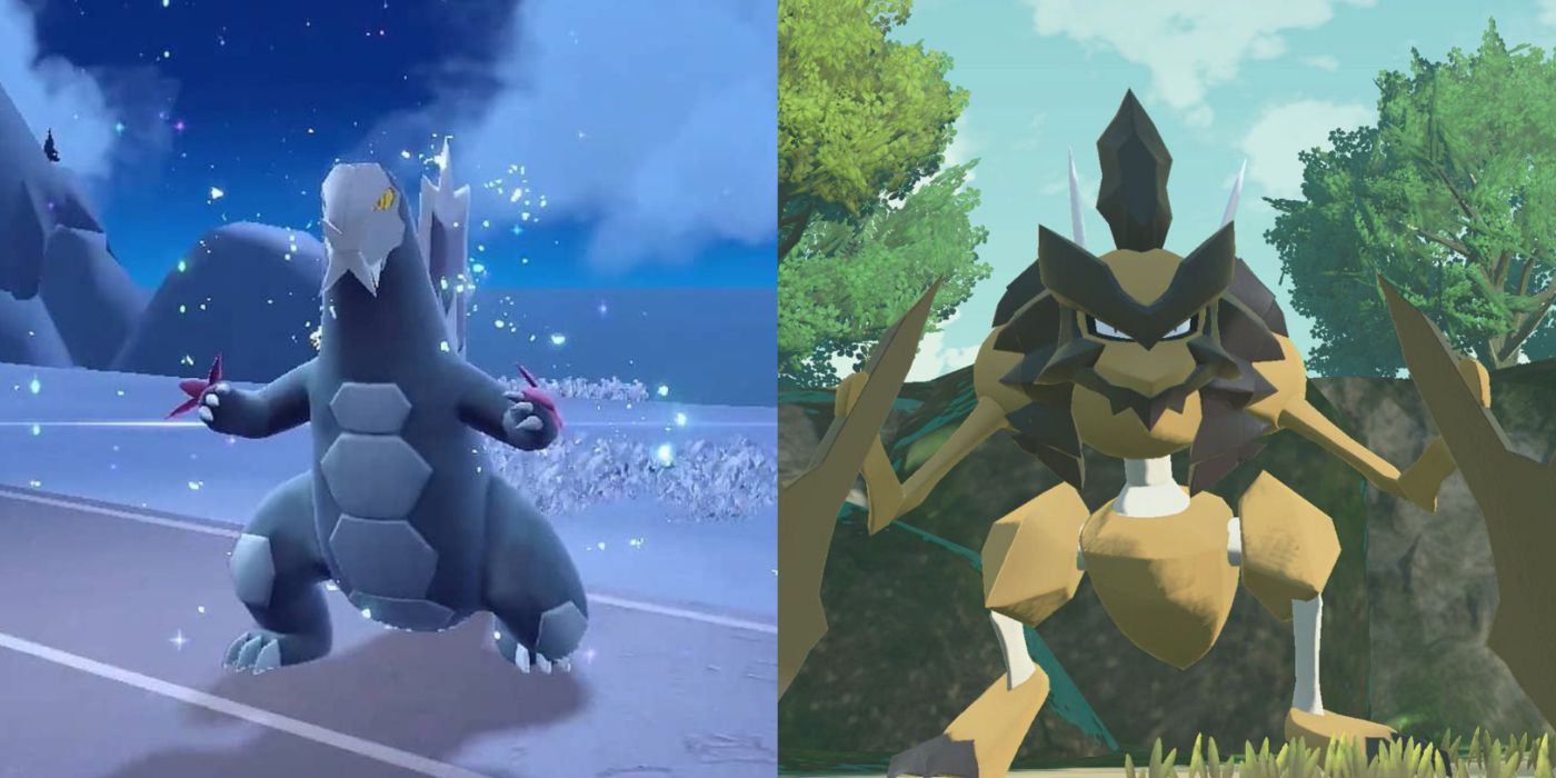 Split image of Baxcalibur and Kleavor in Pokémon Scarlet/Violet and Legends: Arceus.