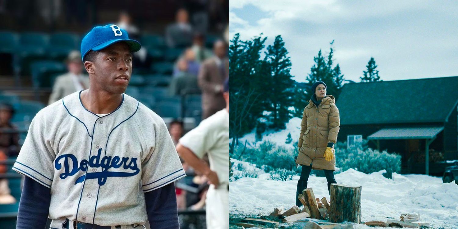 Jackie Robinson standing on the field and a woman outside in the snow