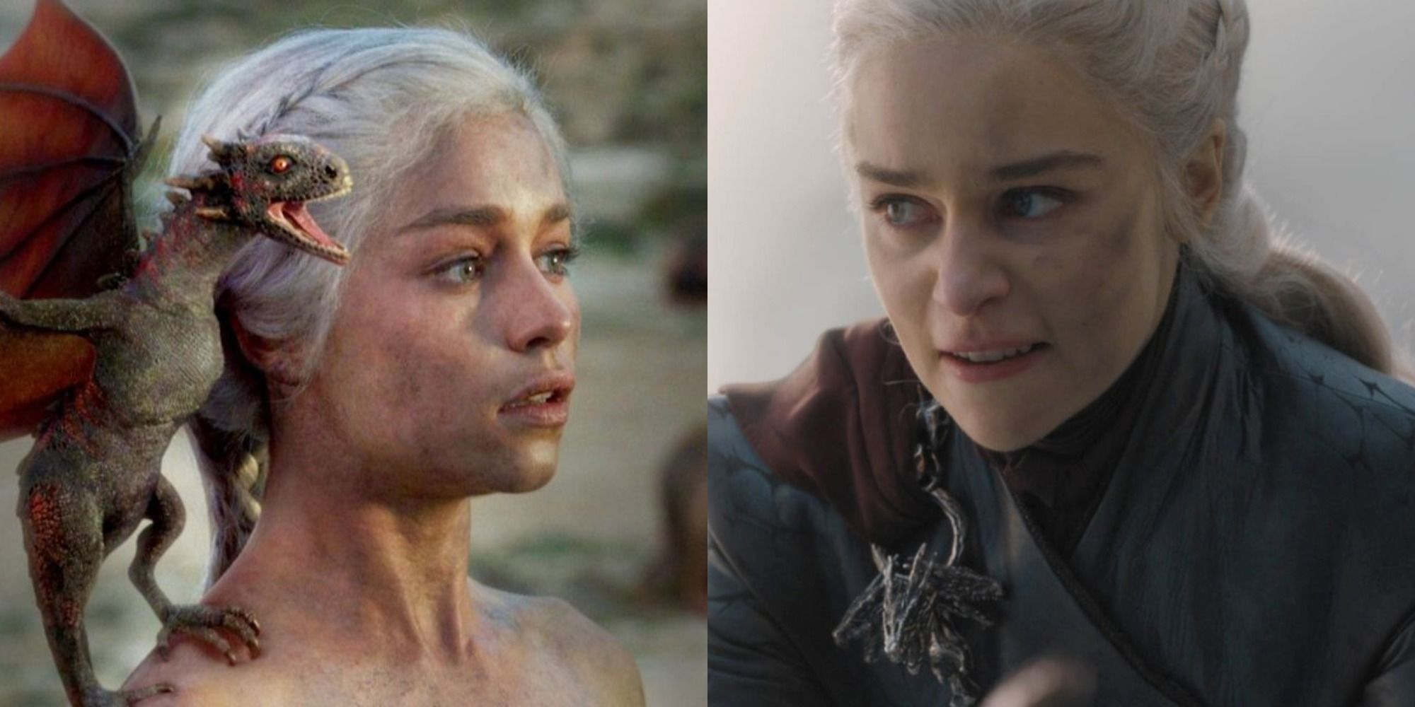 Split image of Daenerys Targaryen in Season 1 and Season 8 of Game of Thrones