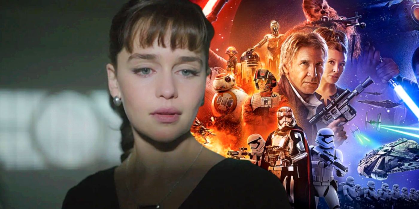 Custom image of Emilia Clark in Solo: A Star Wars Story and the characters from Star Wars: The Force Awakens.