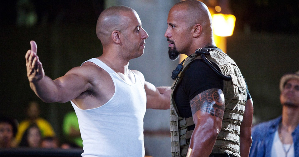 Vin Diesel in a fight with Dwayne The Rock Johnson in Fast and the Furious