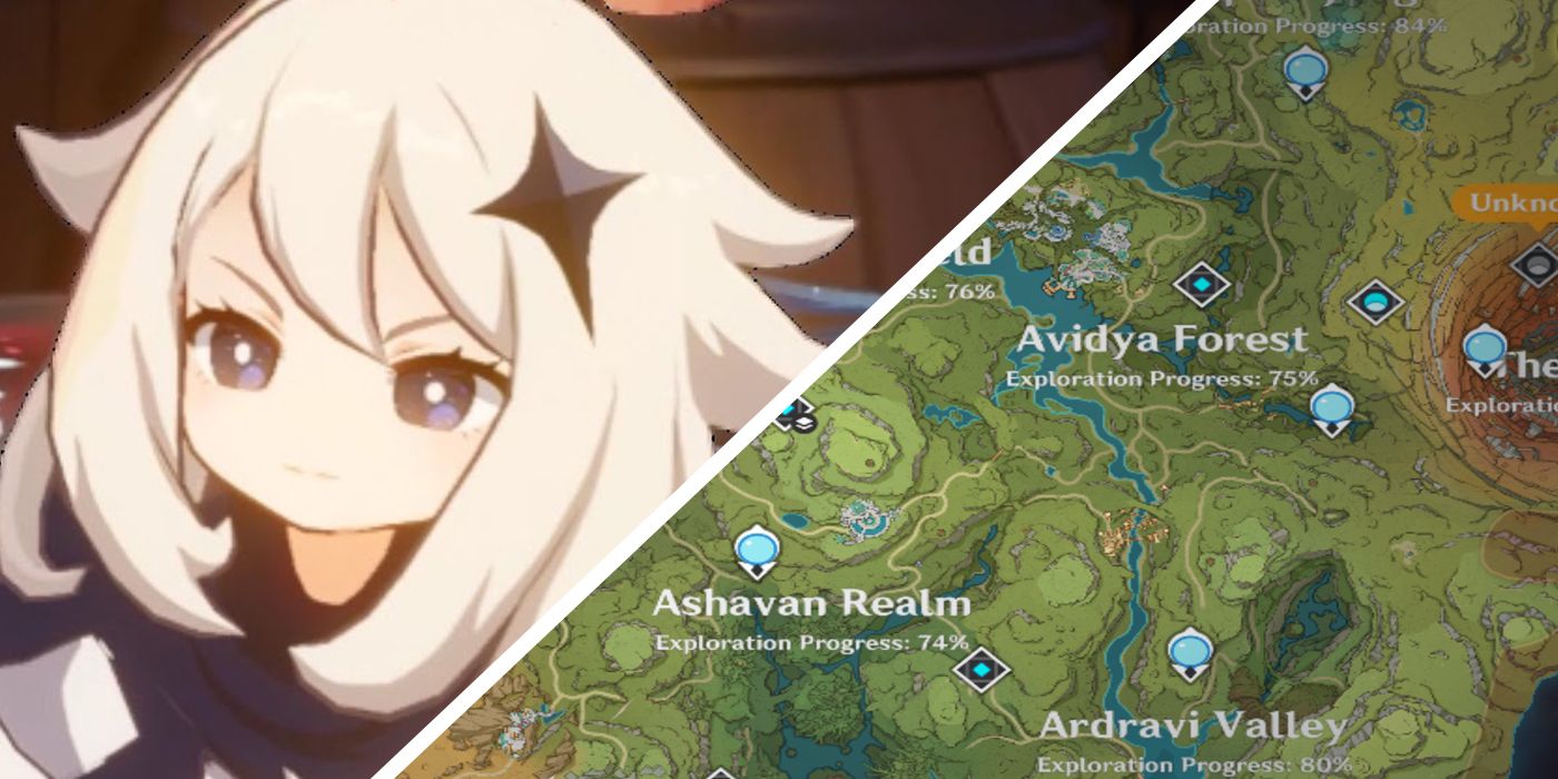 Image showing Mean Paimon & Sumeru Map from Genshin Impact, with the two split in half diagonally.