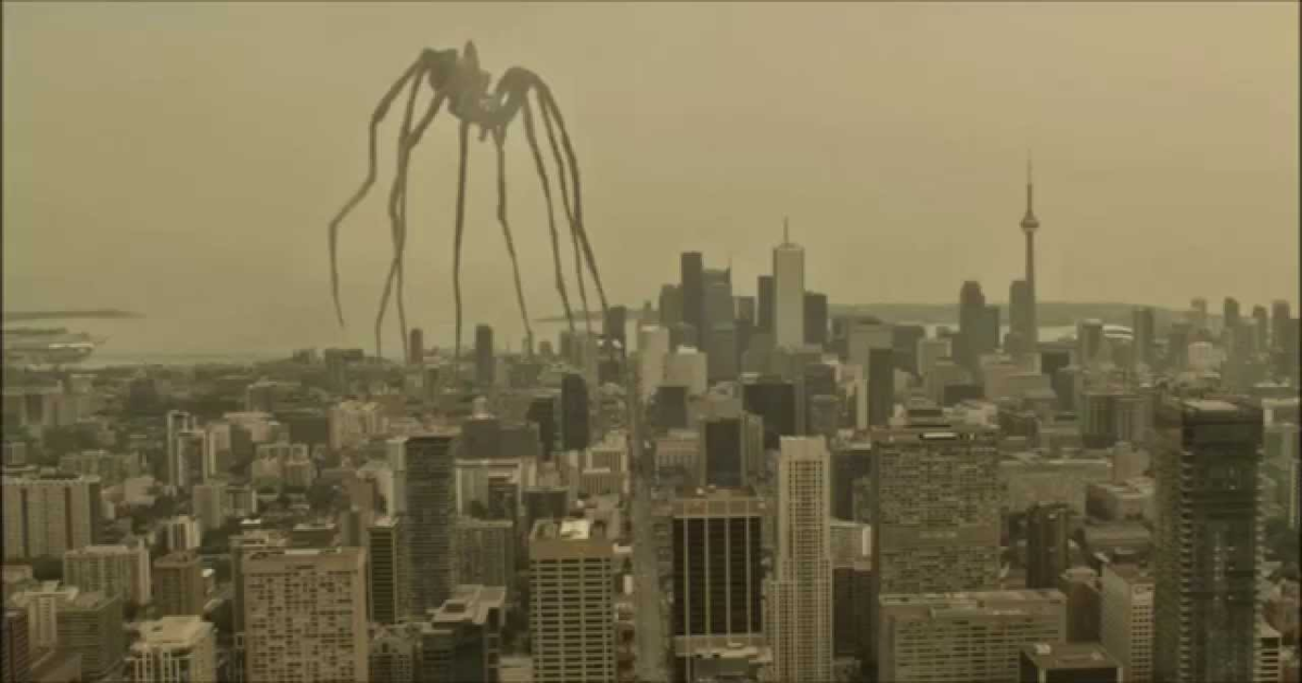 A giant alien spider walking in a city