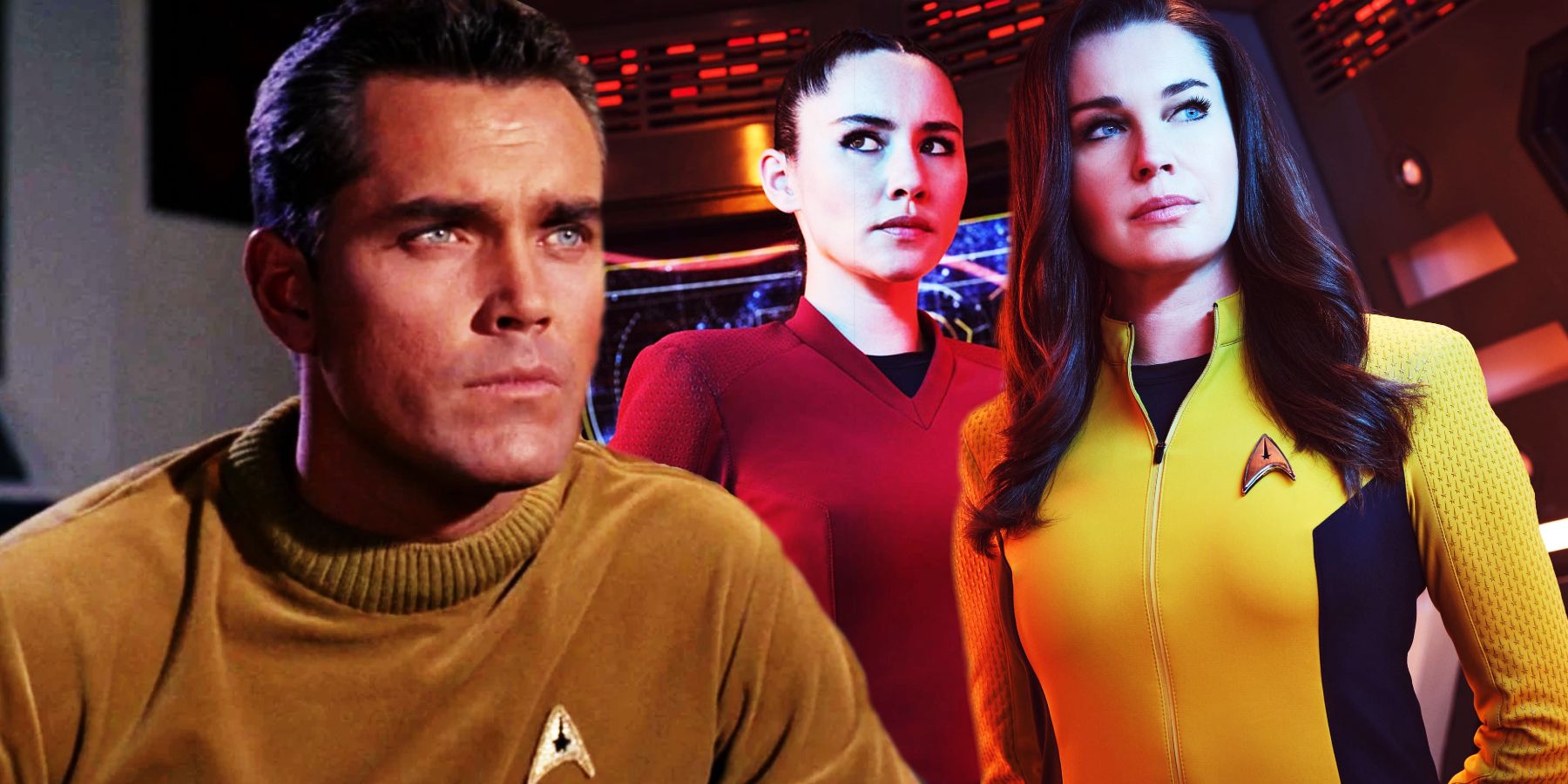 Jeffrey Hunter as Christopher Pike, Christina Chong as La'an Noonien-Singh and Rebecca Romijn as Una Chen Reilly